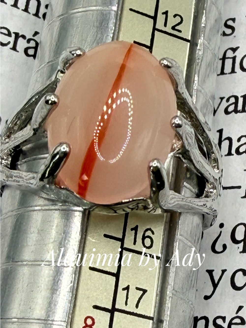 Alquimia Pink Oval Cabochon Ring with Orange Vein in Silver Band